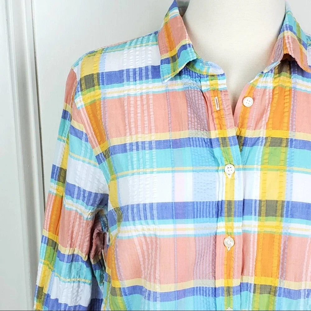 J. Crew | Pastel Plaid Seersucker Perfect Shirt M - Picture 2 of 5